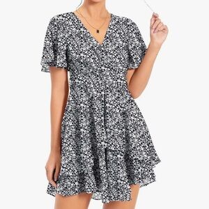 Women's V Neck Short Sleeve Waist Tie Ruffle Mini Swing Skater Dress
